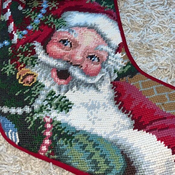 VINTAGE SANTA CLAUS CHRISTMAS STOCKING CROSS STITCH HANDMADE USA RED - Picture 2 of 12
